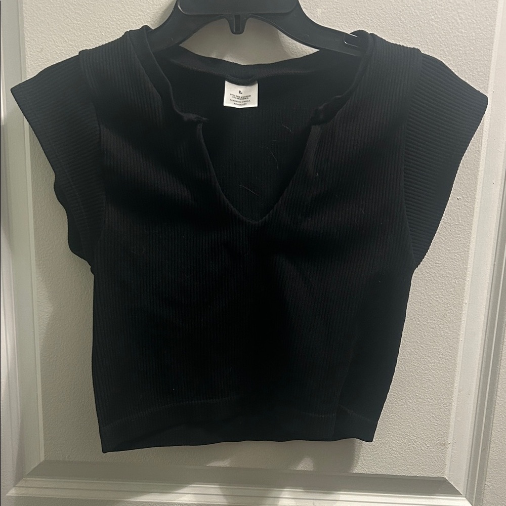 Black V-Neck Ribbed Women's Top